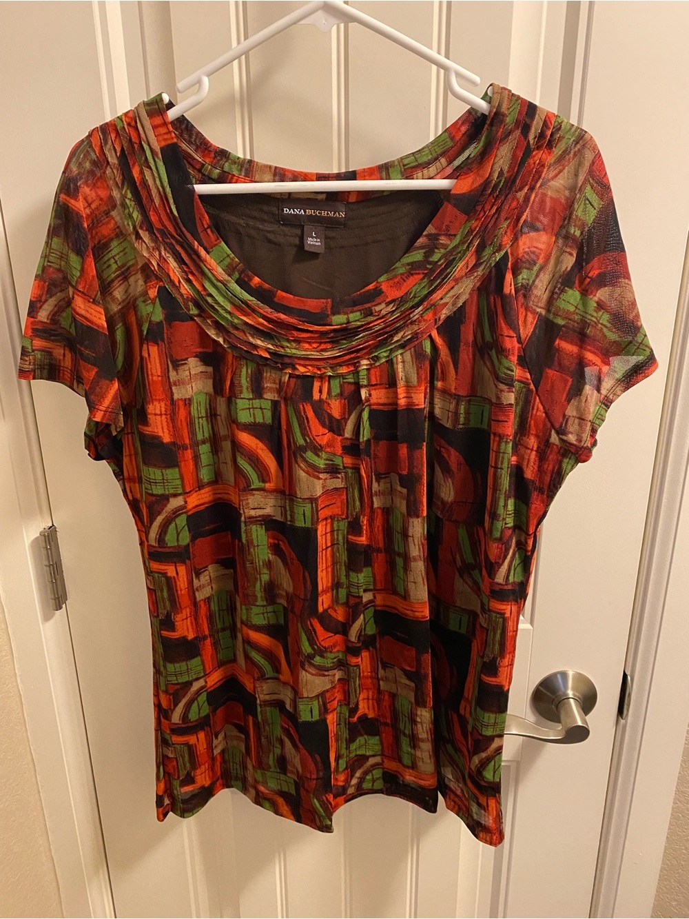 Dana Buchman L Top Stretch Colorful Blouse Lined Nylon Shirt Large Lg